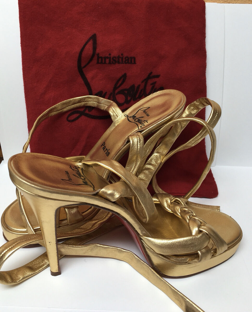 Christian Louboutin Gold Leather Stiletto Sandals Wrap Lace Christian Louboutin Gold Leather Stiletto Sandals Wrap Lace
