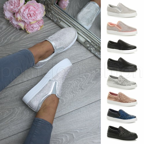 WOMENS LADIES SLIP ON GLITTER SPARKLY SKATE SHOES FLATFORM TRAINERS