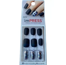 NEW Kiss Nails Impress Press On Manicure Short Gel Matte Black Geometric Accent