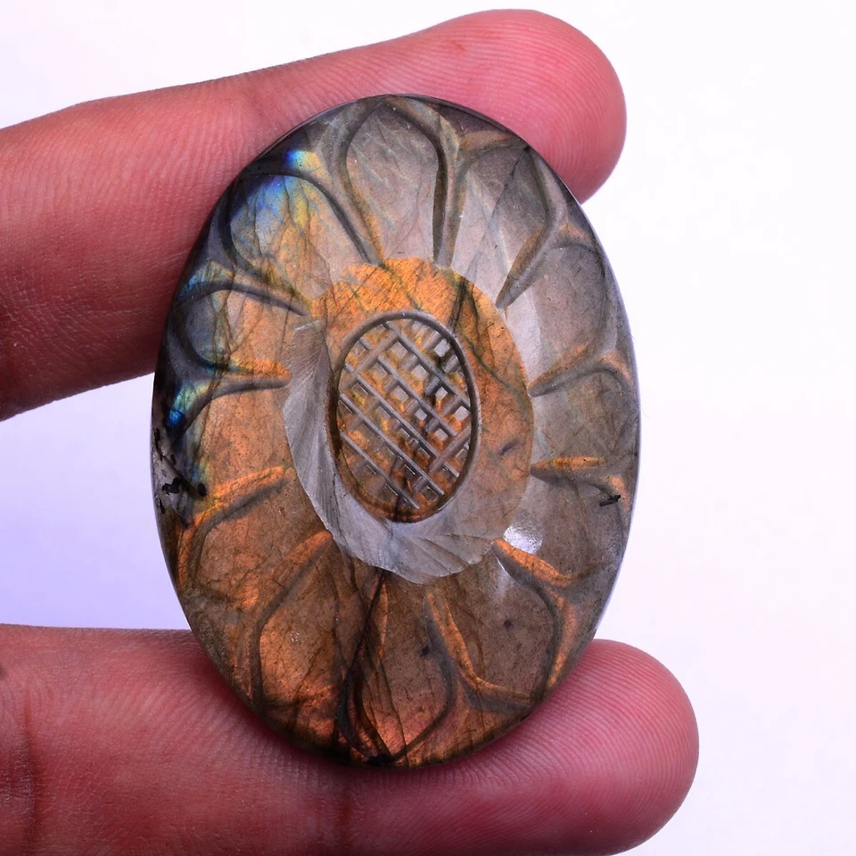 102 Cts Natural Labradorite Oval Hand Carving Flashy Untreated Loose Gemstone - Image 3 of 4