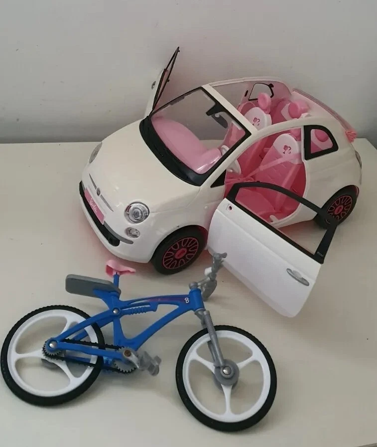 MATTEL Barbie Doll Fiat 500 white pink car 2012 blue bicycle