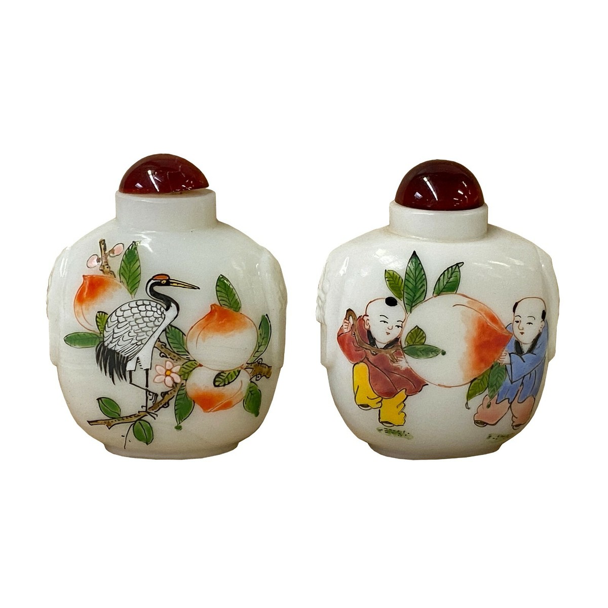 2 x White Glass Print Oriental Kid Crane Graphic Snuff Bottle ws1306S 2 x White Glass Print Oriental Kid Crane Graphic Snuff Bottle ws1306S