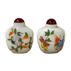 2 x White Glass Print Oriental Kid Crane Graphic Snuff Bottle ws1306