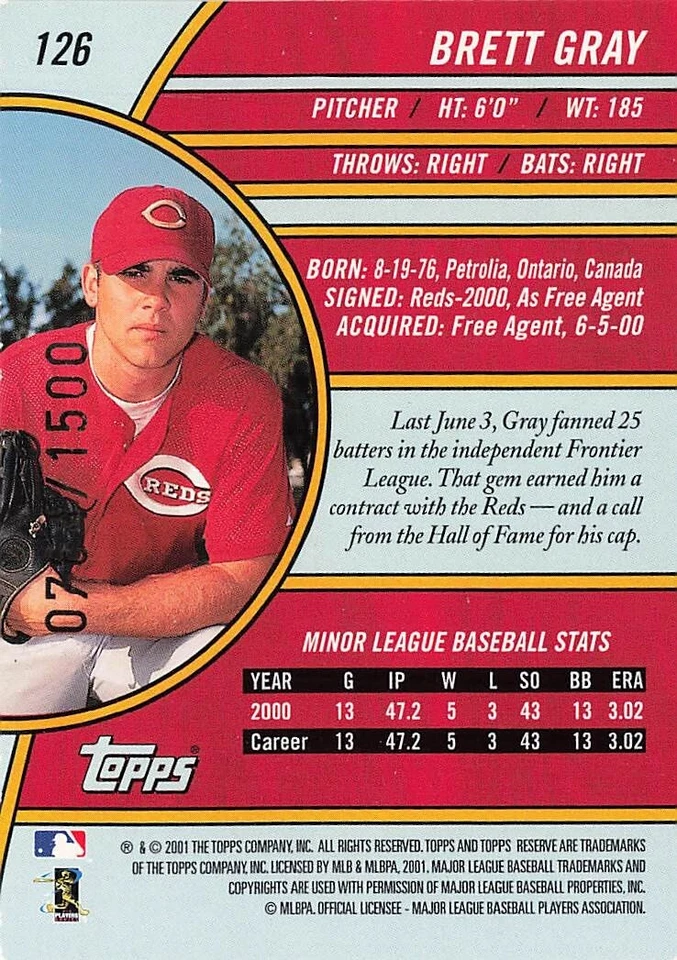 Brett Gray Rookie Topps Reserve 764/1500 2001 Baseball Card #126 - Image 2 of 2