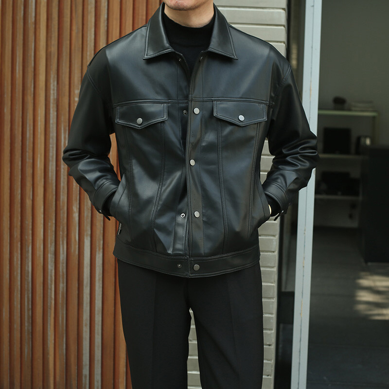 Casual Classic Lapel Collar Black Leather Jacket Men's