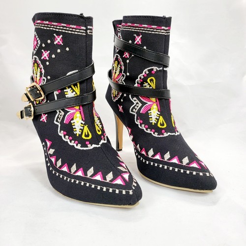 Women's Embroidered Stiletto Ankle Boots, Size 7.5 Handmade, Soft Fabric Outsole - Picture 2 of 15