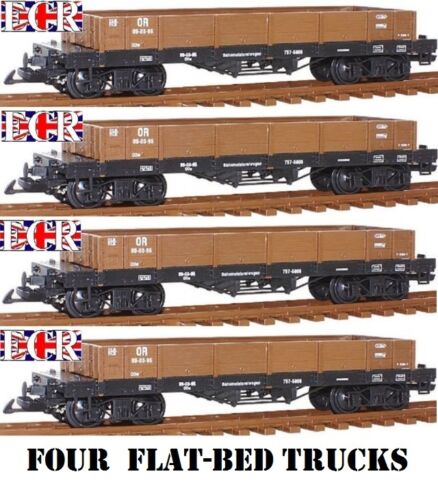 NEW, 4, TWO PAIRS, G SCALE 45mm GAUGE FLAT BED TRUCK GREEN FREIGHT GARDEN TRAIN - Afbeelding 1 van 5