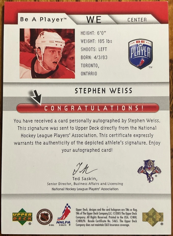 2005-06 Be A Player Signatures Stephen Weiss #WE Florida Panthers - Image 2 of 2