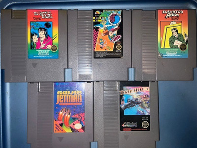 Lot of 5 used NES games including Tiger Heli, Elevator Action, Solar Jetman