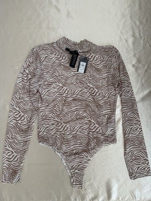 Primark Tan Zebra Print Mesh Mock Neck Bodysuit Size S NWT