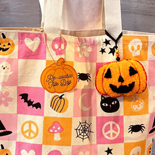 Large Halloween Retro Canvas Tote w/ Custom Plush Jack-O-Lantern Bag Charm