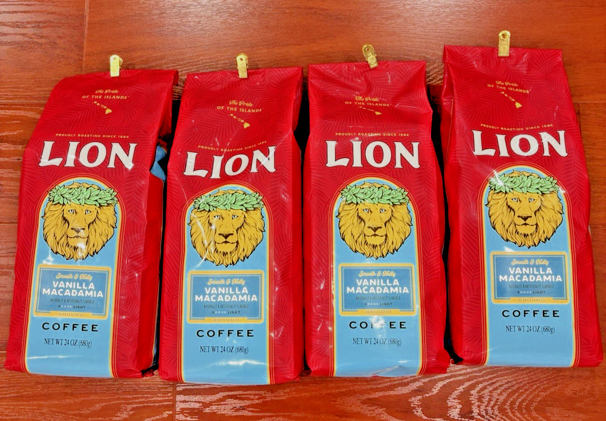 4 PACK LION COFFEE VANILLA MACADAMIA NUT 24OZ BAG FROM HAWAII FREE SHIPPING YES