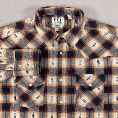 Ely Cattleman Shirt Mens XL Tan Red Navy Plaid Western Pearl Snap Cowboy