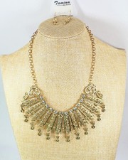 Gold Tone Fan Style Necklace & Earrings Set Fashion Costume Jewelry jxe8 New