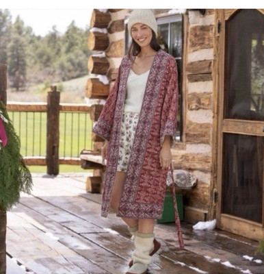Sundance Cascade Ridge Robe Kimono Sz M/L Quilted Belt Pockets Kantha Red NEW
