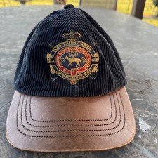 Vintage 90  s RARE Polo Ralph Lauren Blue Corduroy Sportsman Hat Leather Bill