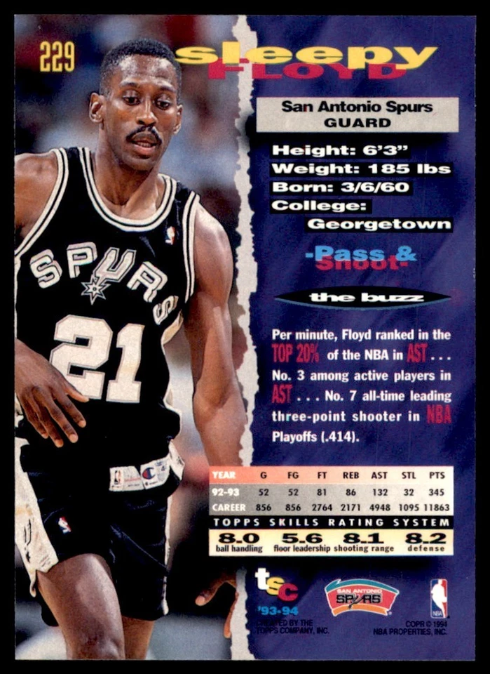 1993-94 Stadium Club #229 Sleepy Floyd Spurs - Image 2 of 2