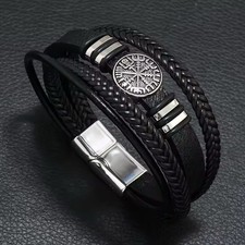 Men's black and silver braided leather and metal wrap bracelet, magnetic clasp