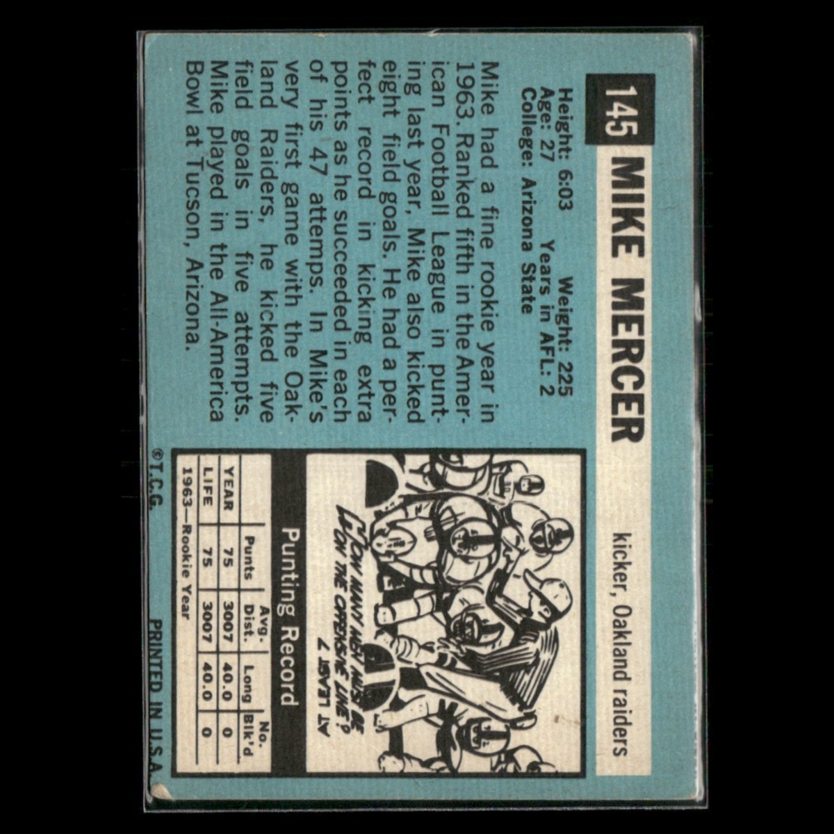 Mike Mercer #145 1964 Topps Oakland Raiders Football Card NFL EX