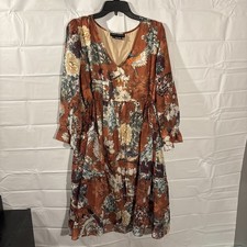 Hemant & Nandita Zeri Floral Bird Peasant Dress Women’s Size 10 V-Neck Orange