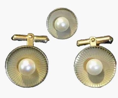 Destino Pearl Cufflinks & Tie Tack Gold Filled