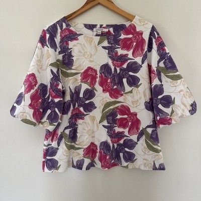 Chicos Floral Bubble Sleeve Top Puff Sleeve Size 2 Large Boho Artsy Tropical