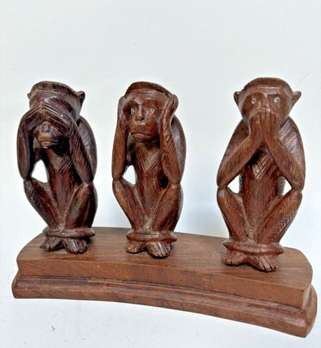 3 scimmie sagge in legno intagliato a mano vedi no, senti no, non parlare male - base piedistallo - Foto 1 di 7