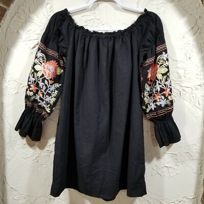 Free People Boho Embroidered Off Shoulder Puff Sleeves Shirt Dress Black |  eBay