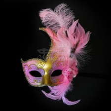 Ostrich Feather Venetian Masquerade Mask for Women M6131 Gold/Pink 
