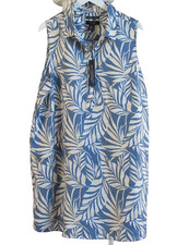 TAHARI Blue Multi Print 100% Linen Sleeveless Collared Shirt Dress Size 2X NWT