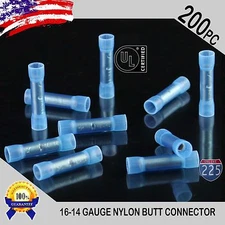 200 Pack 16-14 Gauge Wire Cable Butt Connectors Blue Nylon AWG Crimp Terminal UL
