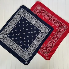 2 Bandanas Red & Blue Vtg 100% Cotton USA RN 13962  (20” x 21”) Selvedge Bandana