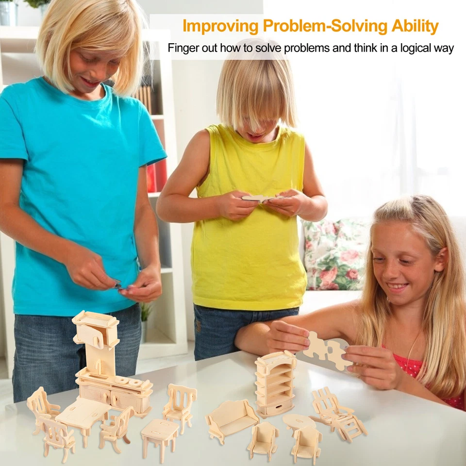 34Pcs 3D Wooden Puzzle DIY Miniature Furniture Dollhouse Building Mode Xmas Gift - Image 4 of 4