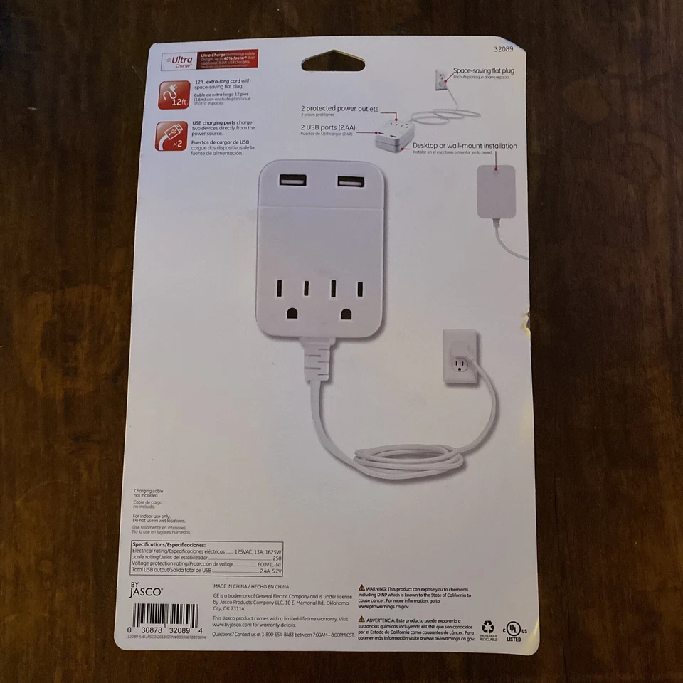GE General Electric USB Charging 12ft Extension Cord Surge Protection 2 Outlets - Imagem 2 de 2