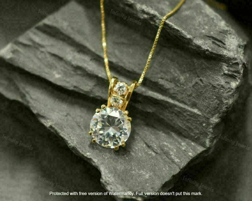 2Ct Round Cut VVS1/D Diamond Solitaire Pendant 14K Yellow Gold Finish Free Chain - Image 3 of 4