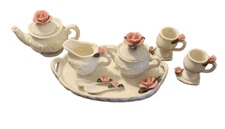 Vintage Miniature 12 Piece Porcelain White Tea Set w/Pink Rosettes and Gold Trim