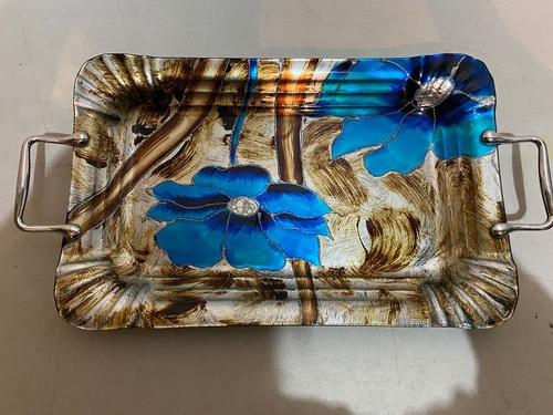 Art Glass Serving Tray By “Art Glass Italian Design” Large Glitter Blue Flowers