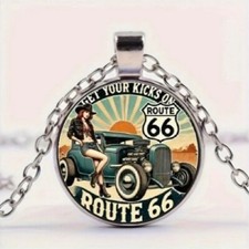 Classic USA Route 66 Round Pendant Necklace Timeless Travel Accessory Gift