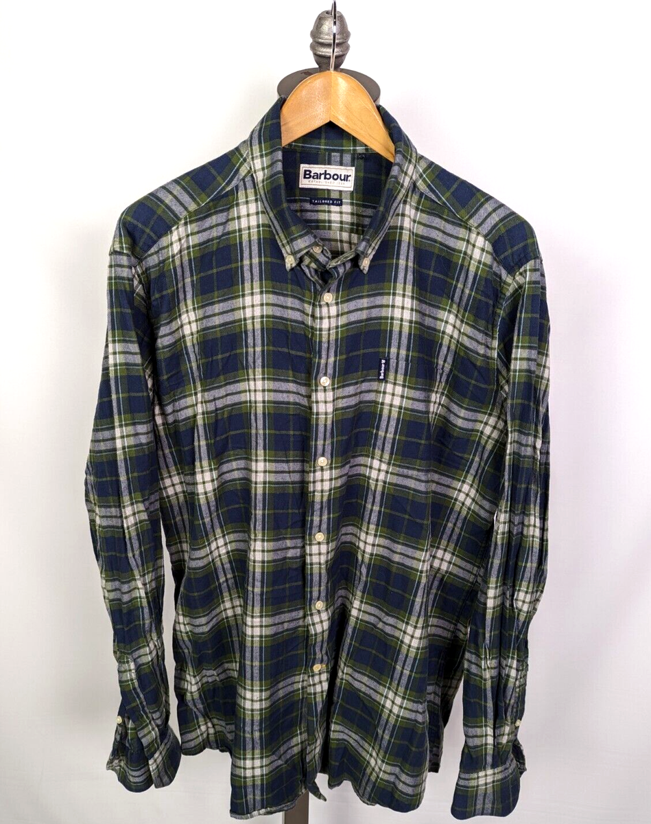 BARBOUR Tailored Fit Check Plaid Button Up Shirt Sz XL Blue Green White