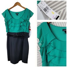 New Y2K Sheath Dress Size 12/13 Green Ruffle Top Black Skirt Professional NWT