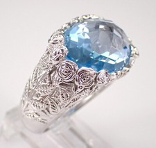 18K White Gold Blue Topaz Flower Engagement Ring Unique Gemstone Jewelry