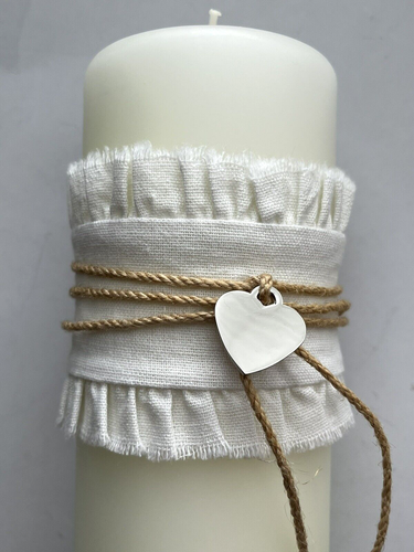 Rustic Romance White Wedding Pillar Candle with Silver-tone Heart Charm