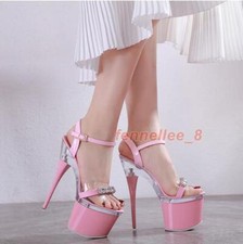 Women Ankle Straps Clear Platform High Heels Open Toe Sandals Rhinestone Shoes