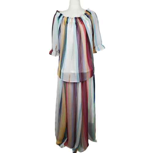 Tasha Polizzi Multicolor Striped Sheer Off The Shoulder Top Maxi Skirt Set XL - Afbeelding 1 van 8