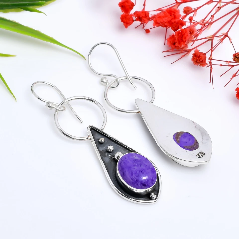 Russischer Charoit Edelstein Handarbeit 925 Sterling Silber Schmuck Ohrringe - Bild 4 von 4