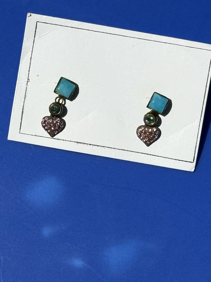 Vintage Sorrelli Pink Heart Pendant Earrings Swarovski Crystals Brass signed!!! - Image 2 of 4