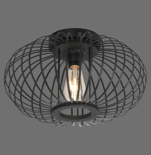 Deckenlampe Metall Holz E27 D: 40 cm rund Draht Schirm Schwarz Deckenleuchte - Bild 6 von 8