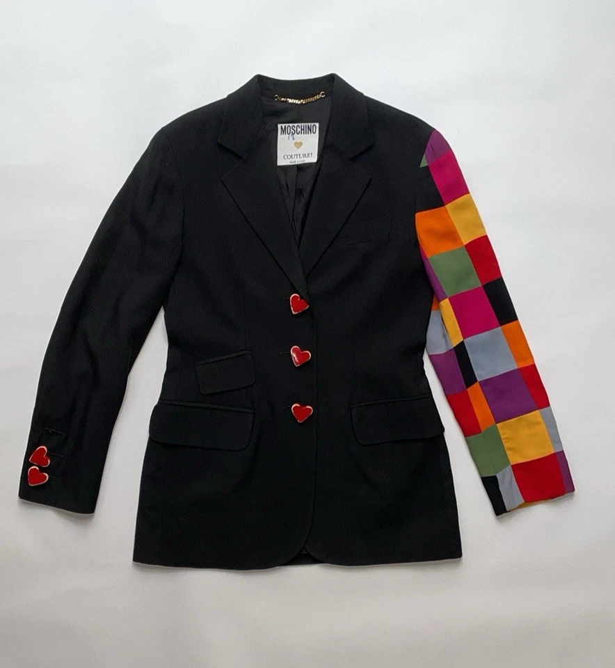 Vintage Moschino Couture 90's Heart Button Rainbow Patchwork Sleeve Blazer 40 - Image 2 of 4