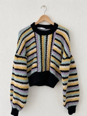 Zara Striped Chunky Knit Cropped Drop Shoulder Sweater Wool/Alpaca/Acrylic Sz L