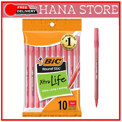 10-Count BIC Round Stic Xtra Life Red Ballpoint Pens, Medium Point (1.0mm)